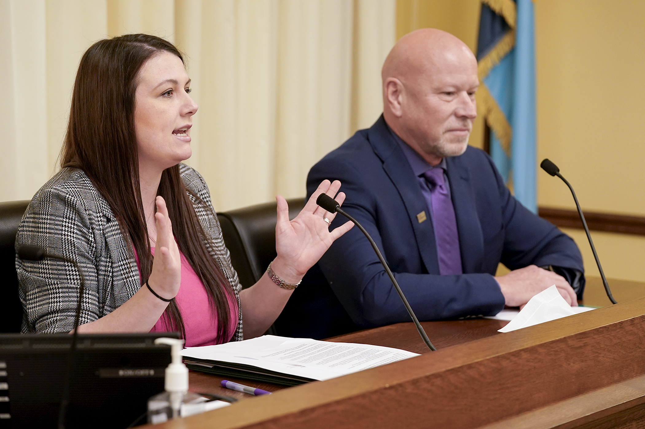 RaeAnna Lee with Americans for Prosperity testifies before the House Taxes Committee Thursday in support of HF4. Sponsored by Rep. Wayne Johnson, it could require part of a projected budget surplus be returned to taxpayers. (Photo by Michele Jokinen)